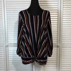 Adrianna Papell Black Striped Twist Front Hem Stretch Blouse Women L